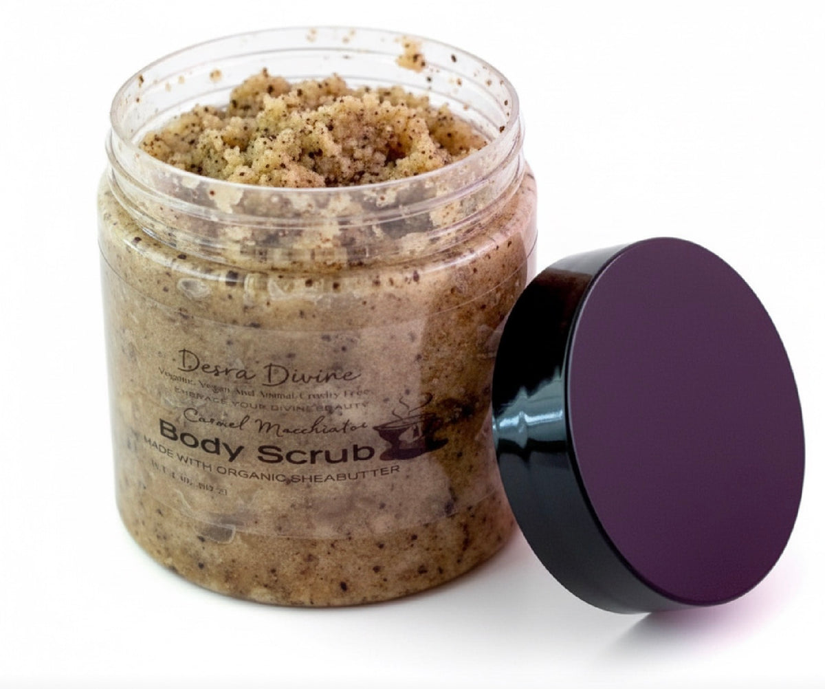 White background displaying Coffee scrub with black lid tilted next to jar.