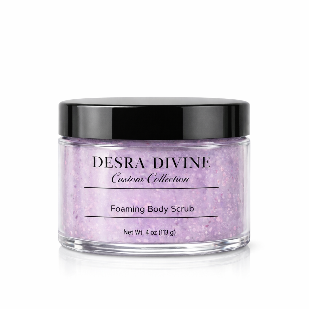 Plastic Jar containing purple scrub with black lid on a white background 