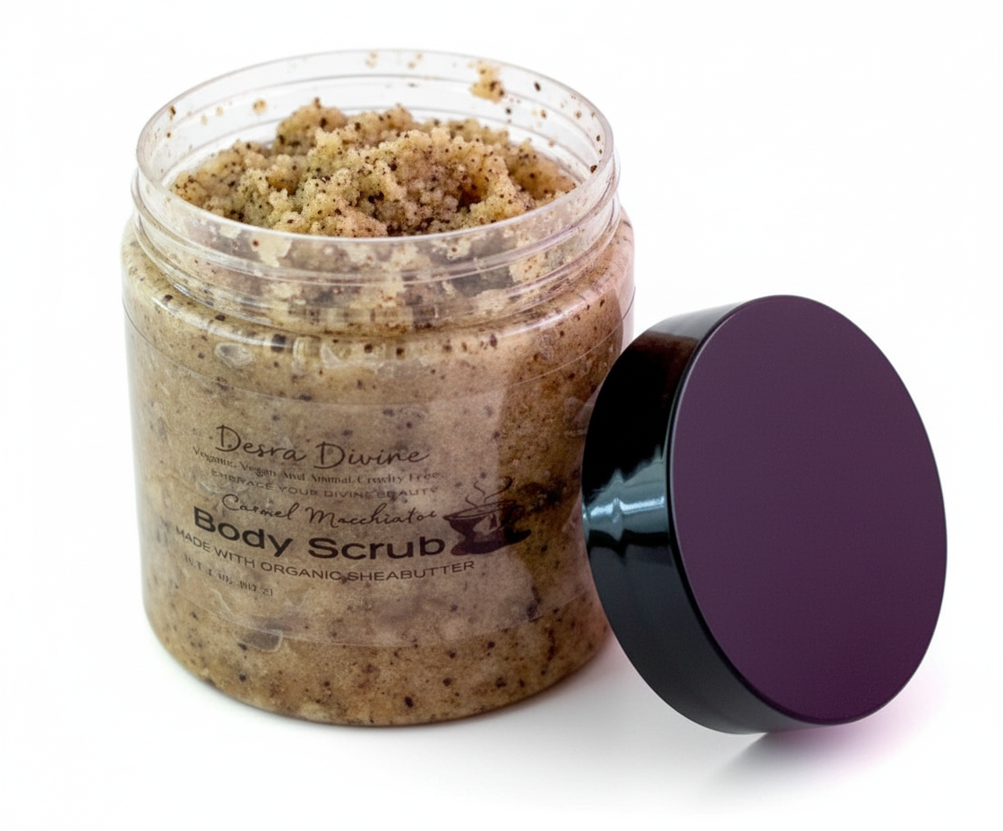 A plastic jar container coffee body scrub with a black lid on a white background