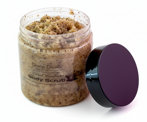 A plastic jar container coffee body scrub with a black lid on a white background